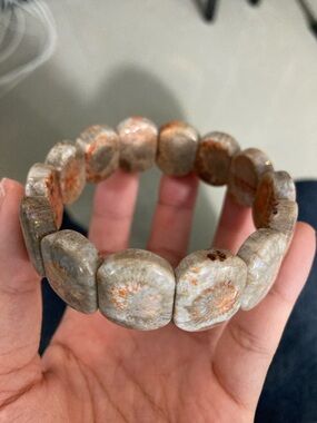 Coral Stone Bead Stretch Bracelet in Gray-Beige with Orange Accents